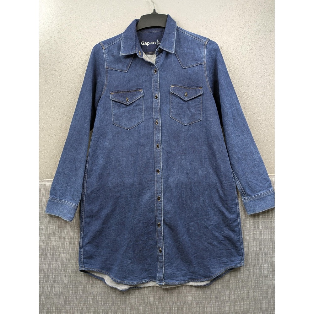 Gap Denim Shirt Dress Womens Large Blue Long Sleeve Western Button Front Pockets